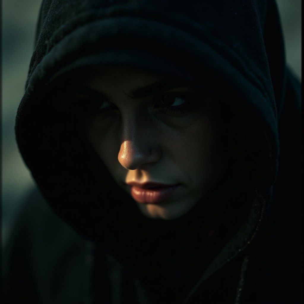 Hooded Figure in Shadows: Cinematic Film Still