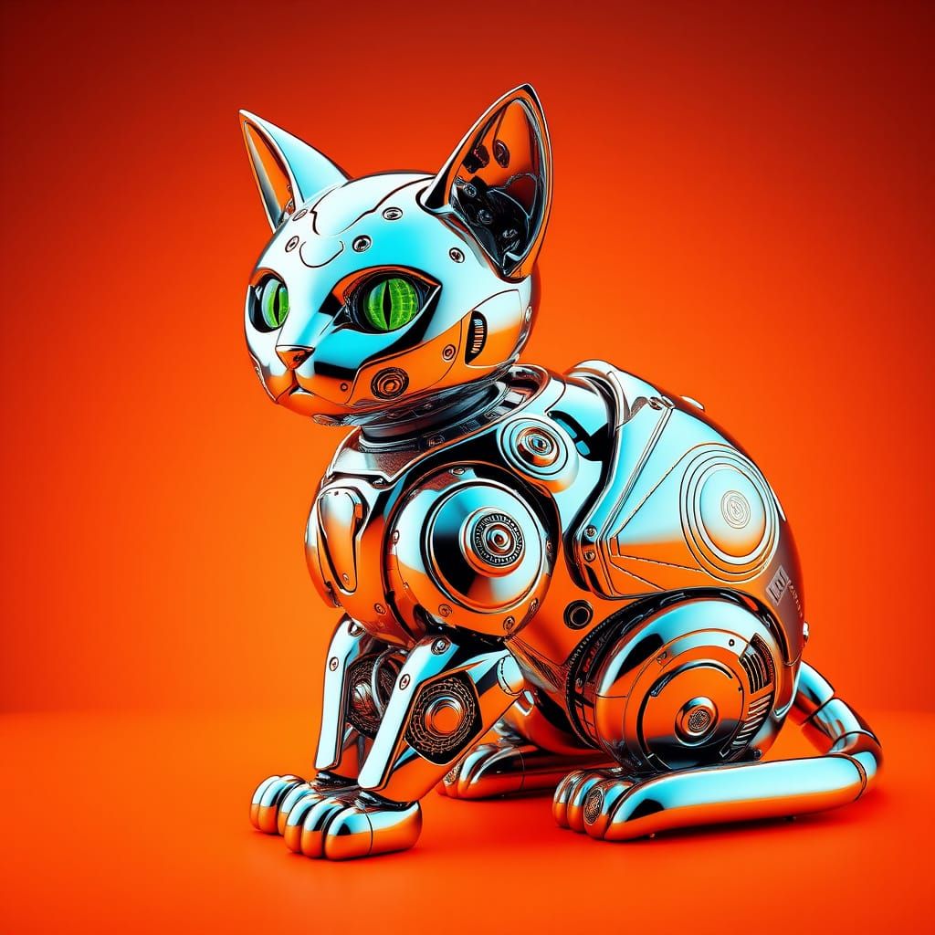 Chrome Robocat on Vibrant Orange Background