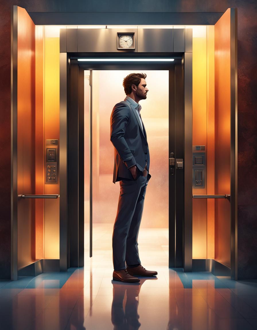 Man Waits for Elevator in Hyperrealistic Splash Art