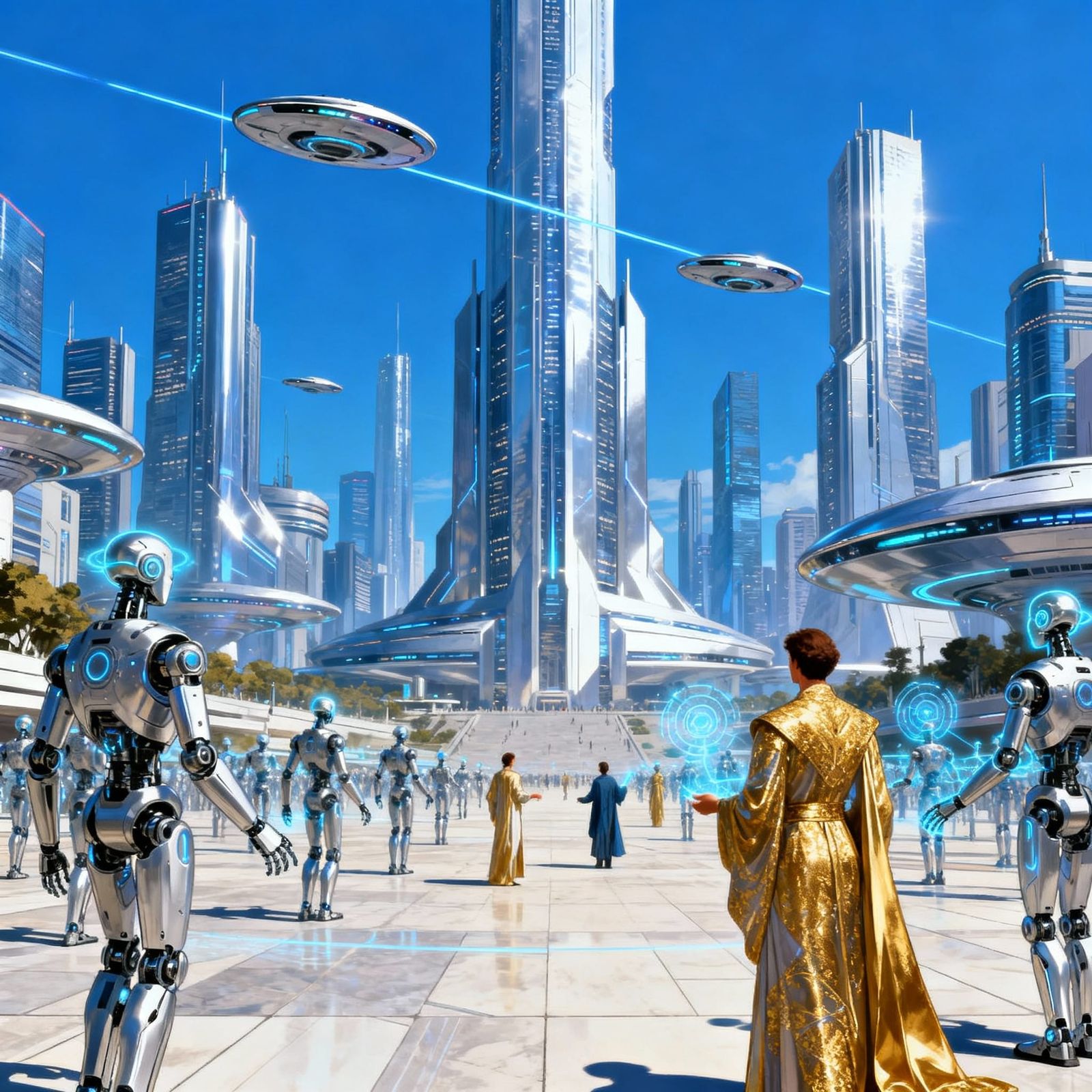 Utopian Future City With Robots and Humans