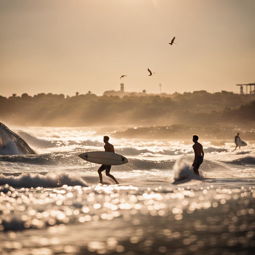 Surfing Couple on a Sun-Kissed Beach
