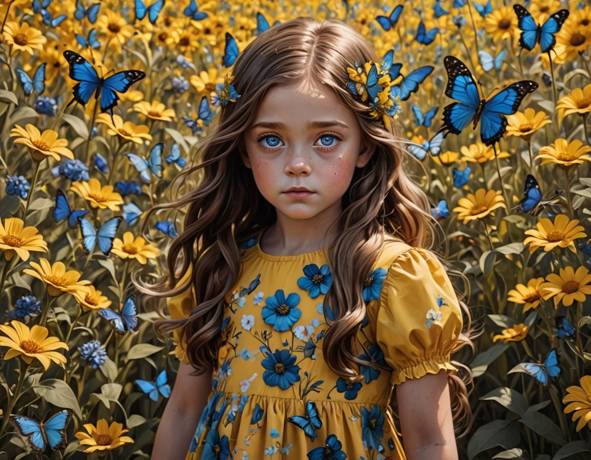 Pixar-Style Girl in Colorful Flower Field with Butterflies