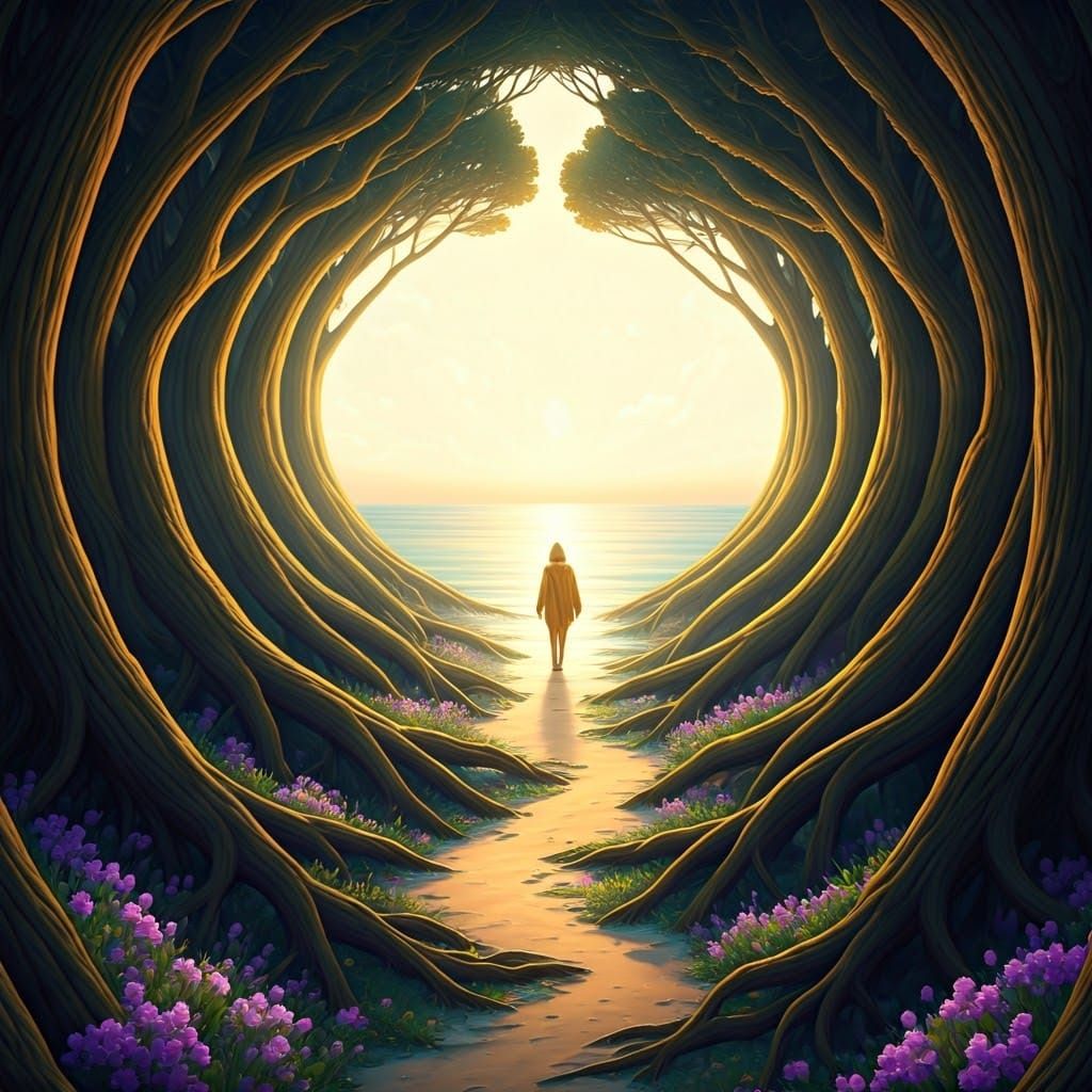 Serene Figure Walks Towards Glowing Sea Amidst Lush Forest