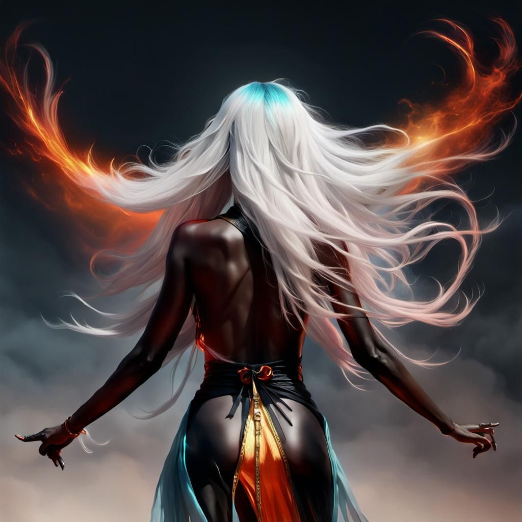 A beautiful woman with wild flowing white hair