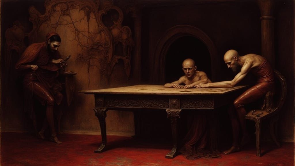 Ancient Mystery: Hand Writes on Scroll in Dim Hall