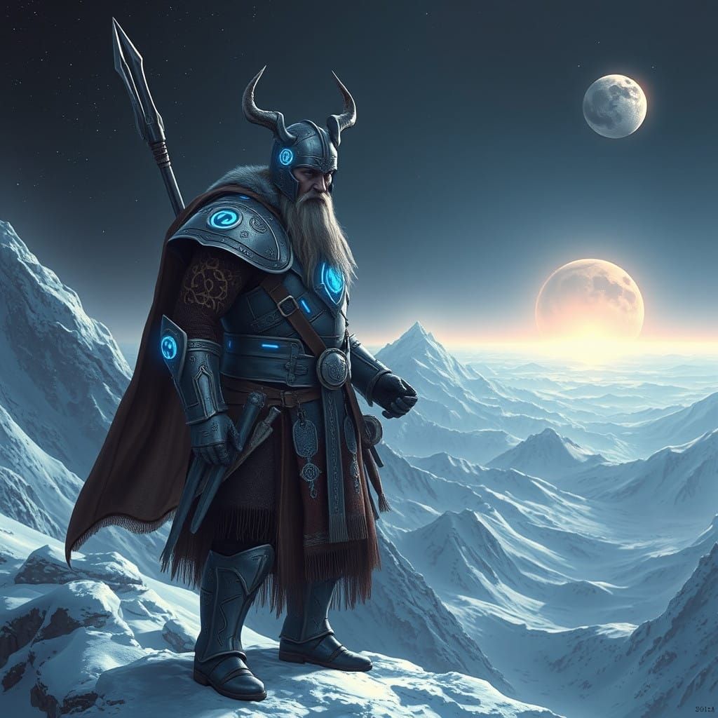 Futuristic Viking Warrior on Plutonian Mountain