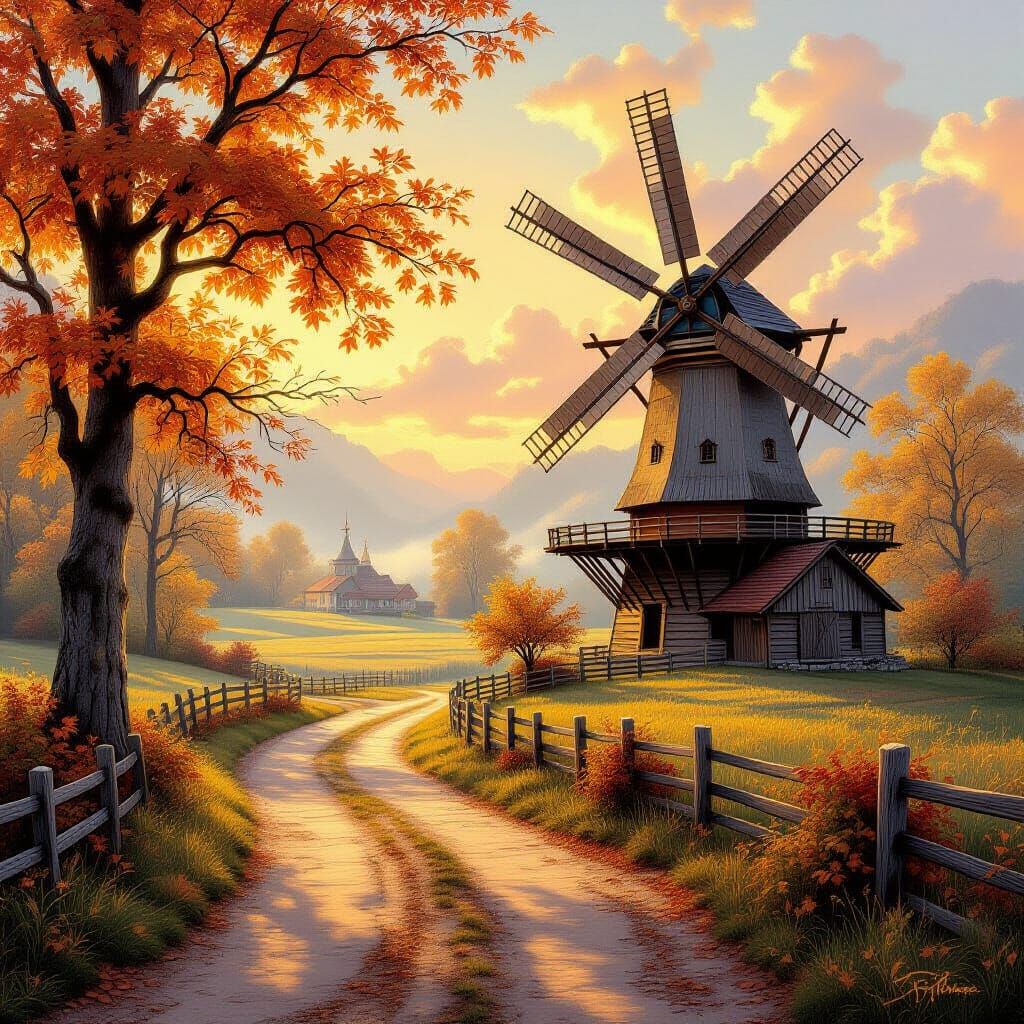 Autumn Windmill: Hyperdetailed Fantasy Art