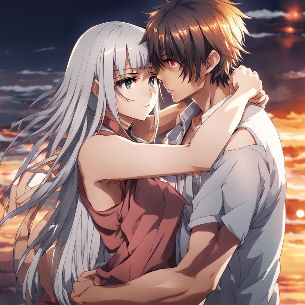 Anime Girl and Eboy Embrace in Key Visual Style