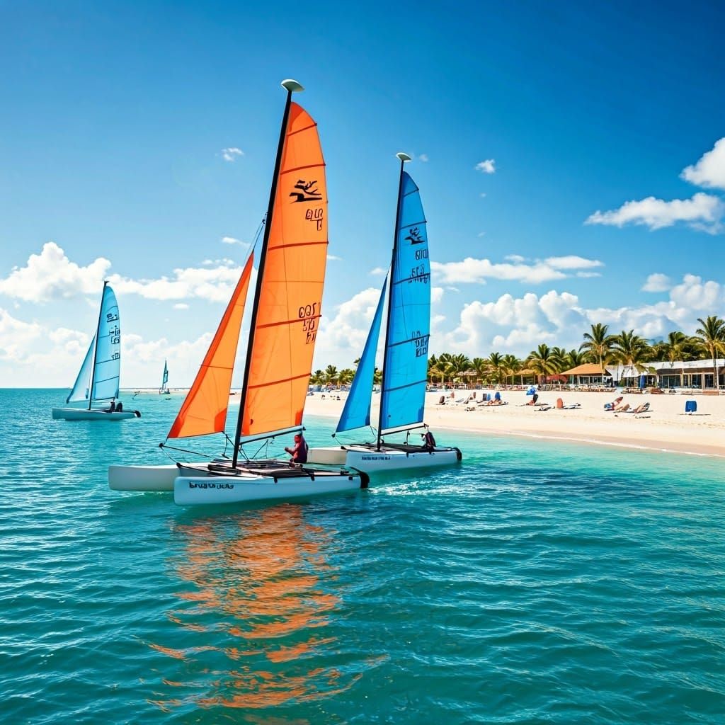 Vibrant Beach Scene with Racing Hobiecats in a David Hockney...