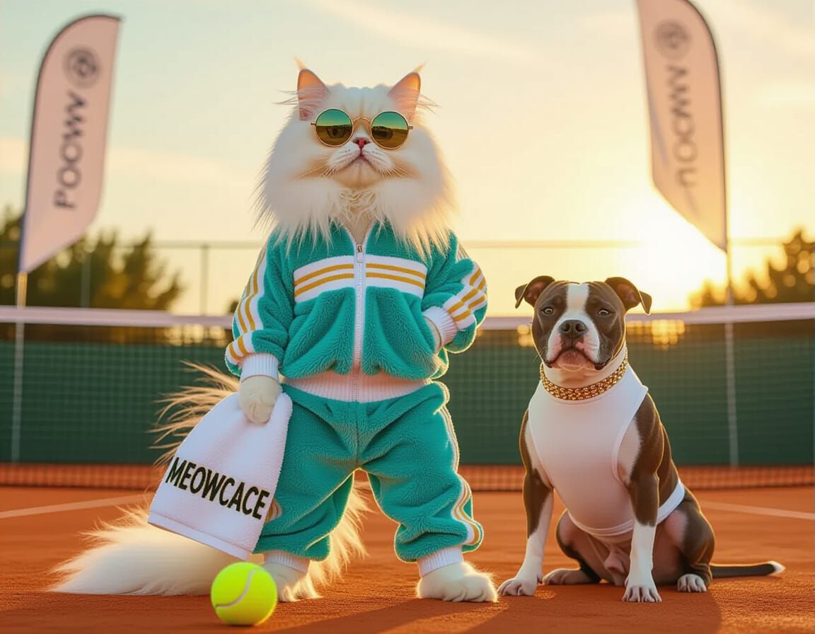 Persian Cat Tennis Champion in Retro Glam Style