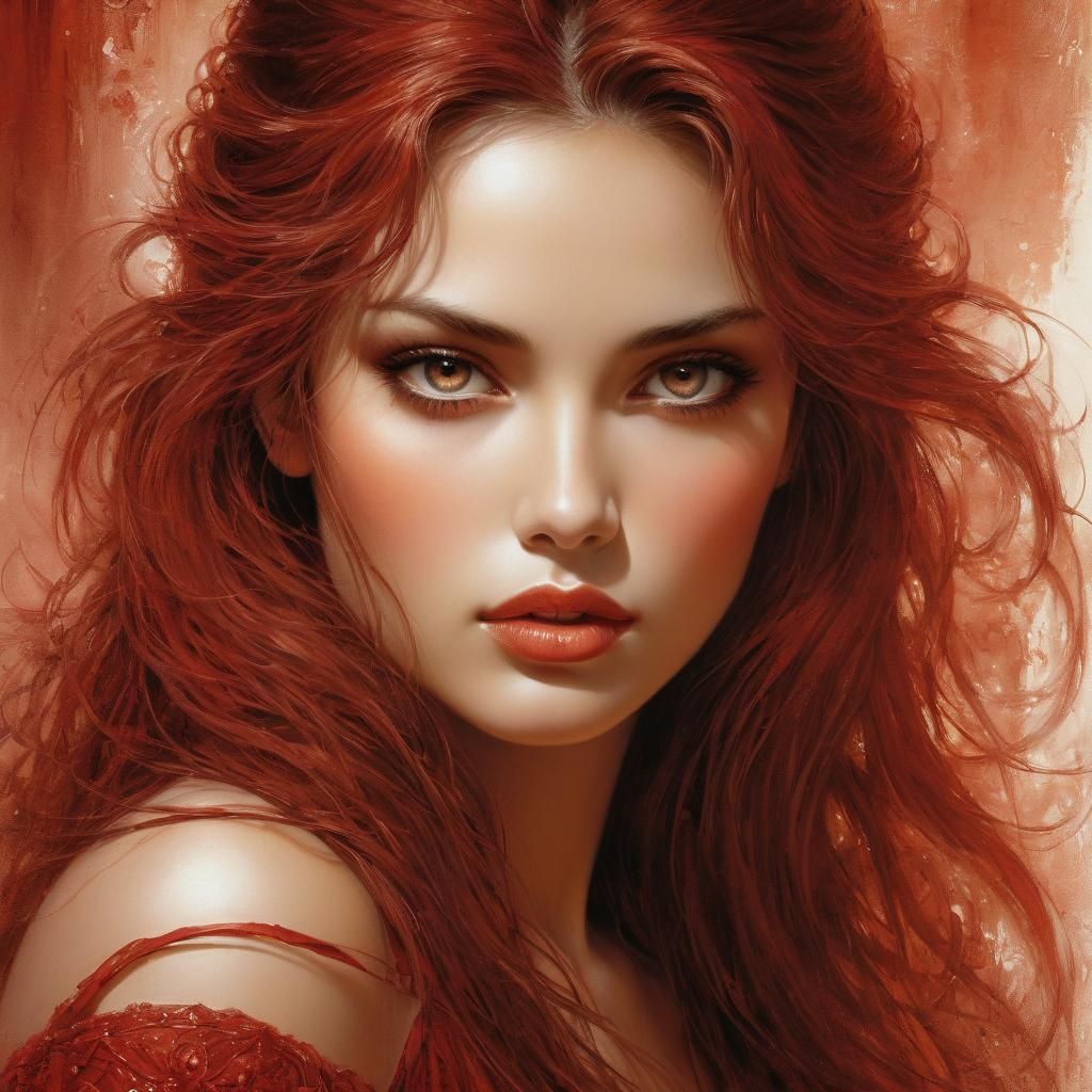 Luis Royo's detailed illustration. Medium shot. Red monotone...