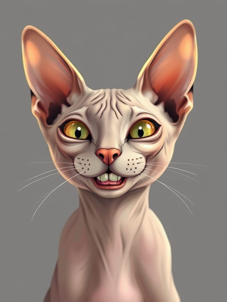 Smiling Sphynx Cat in Anime Cartoon Style