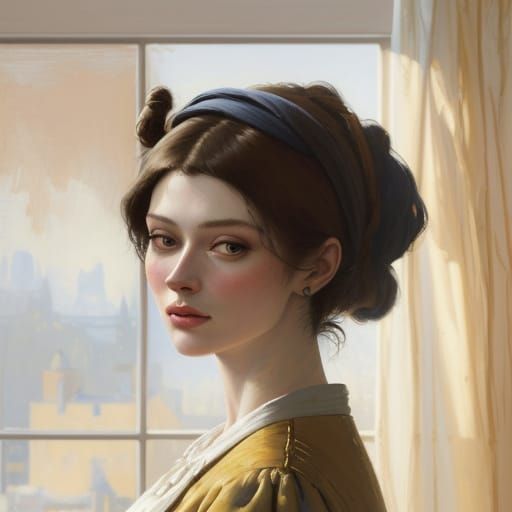 Woman Gazing Out Window in Golden Hour Light