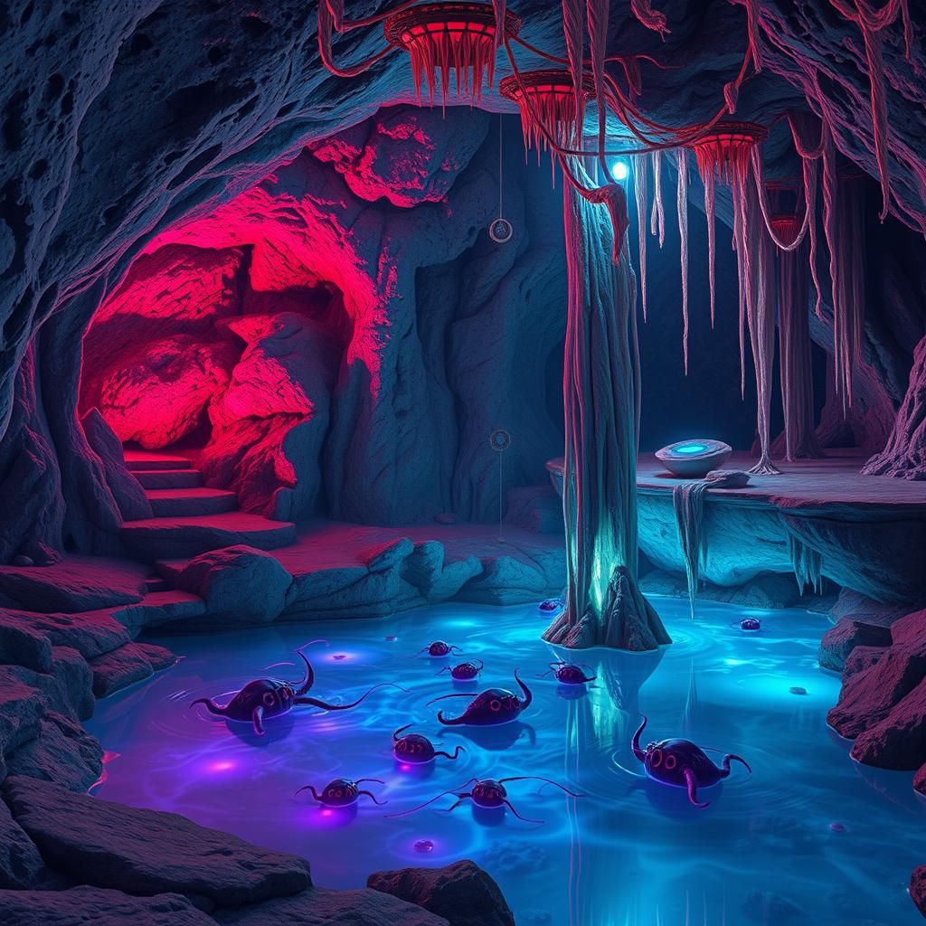 Alien Cave with Bioluminescent Pool, Cosmic Illustration