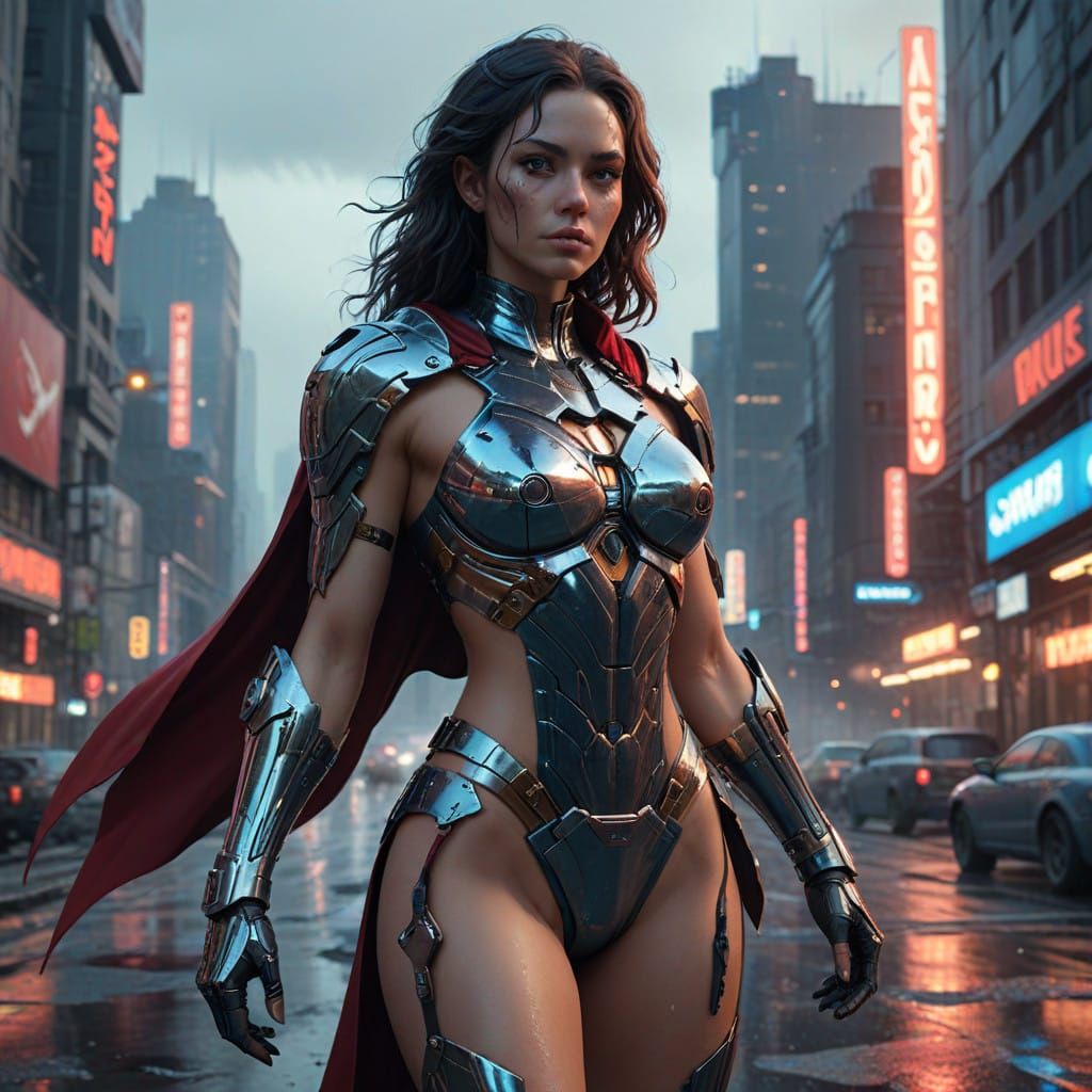 Sleek Female Warrior Poses in High-Tech Armor