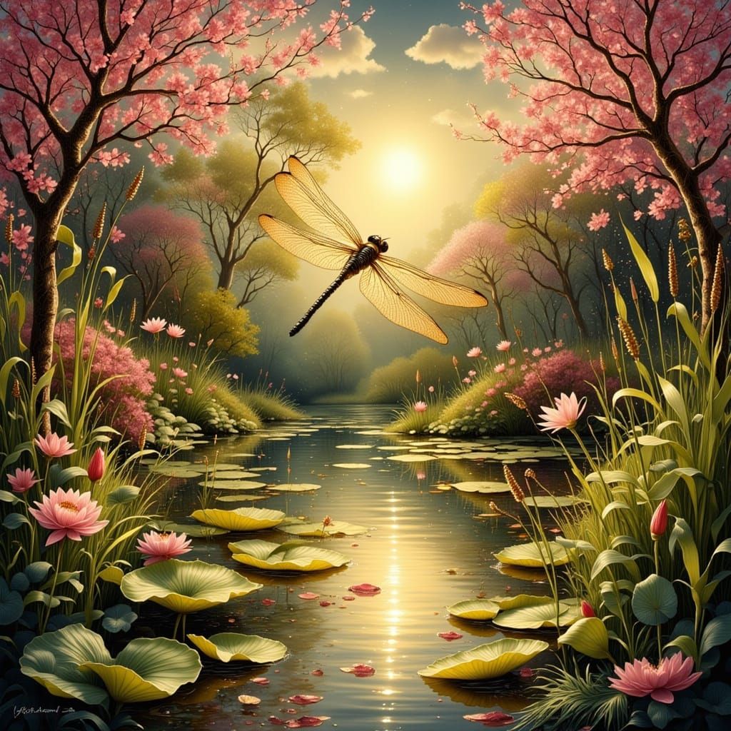 Enchanted Dragonfly in English Garden at Golden Hour