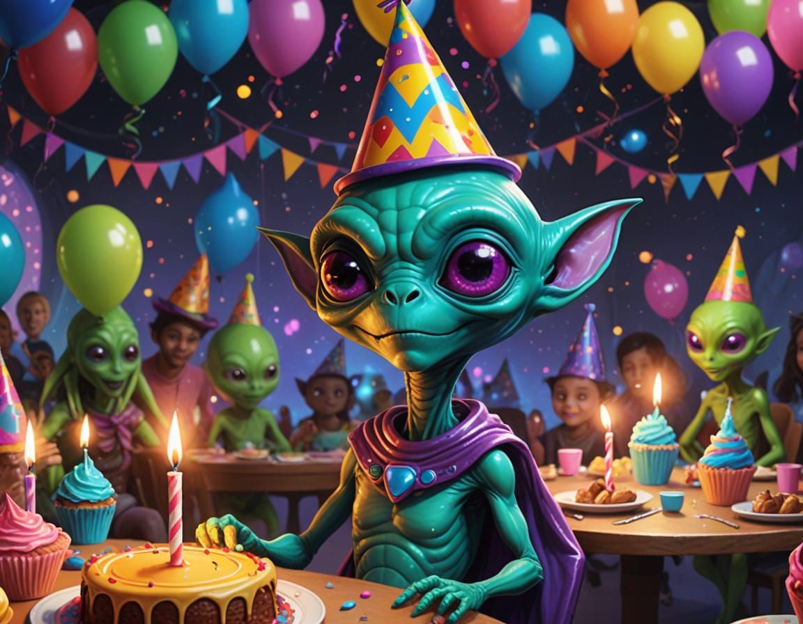 Alien Celebrates Birthday Party in Vibrant Digital Painting