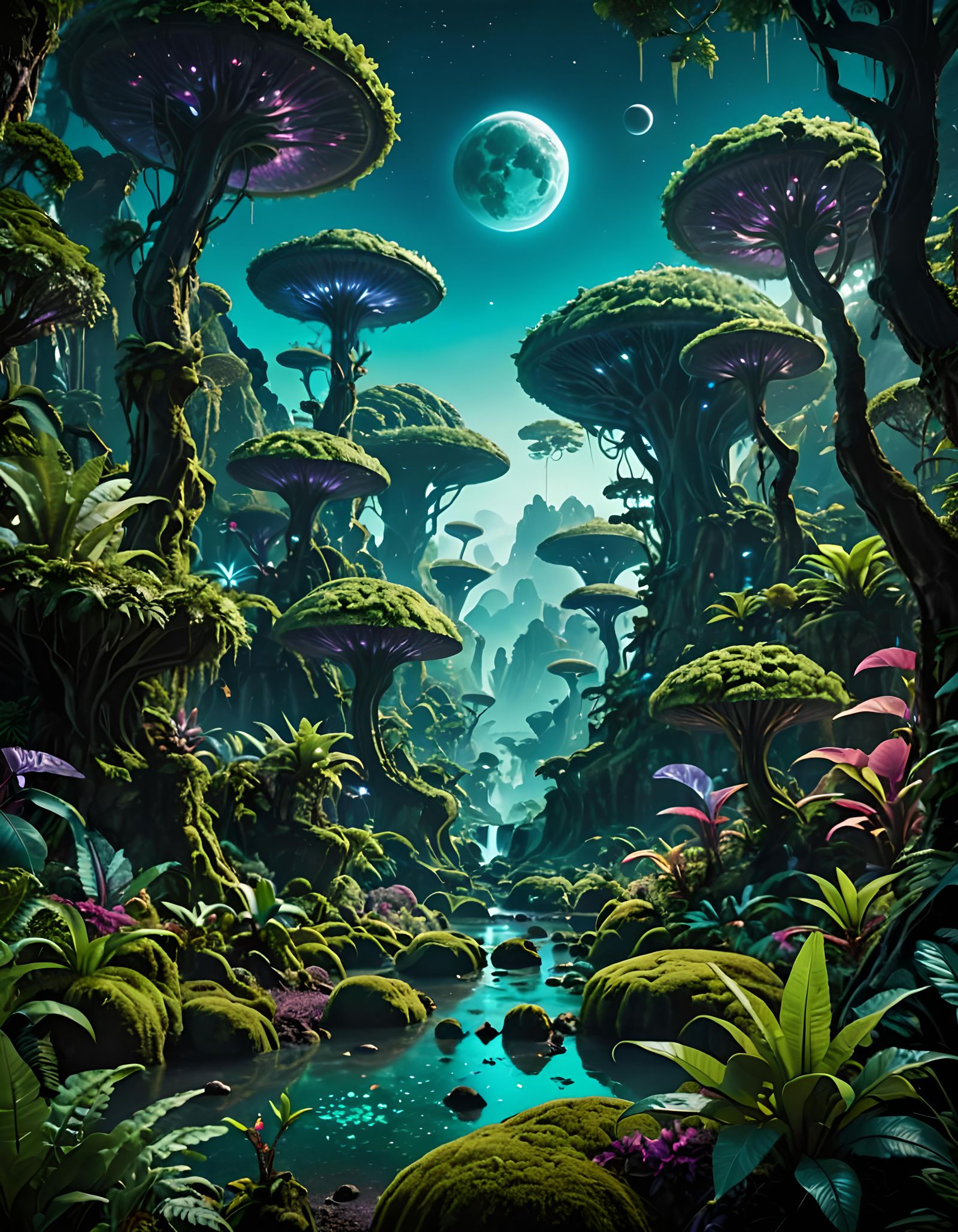 Lush Alien Forest Landscape with Three Moons
