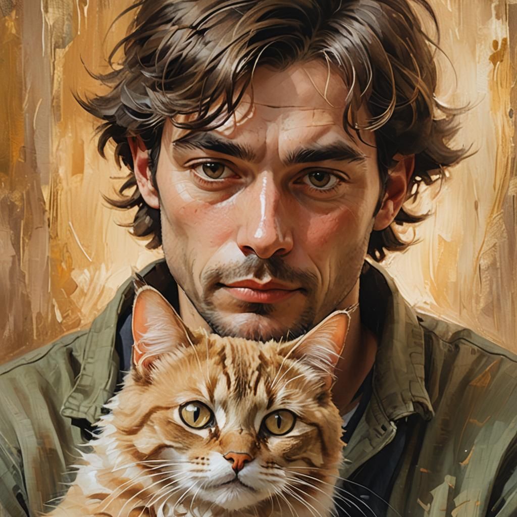 Ethereal Portrait: Man with Cat Features in Oil