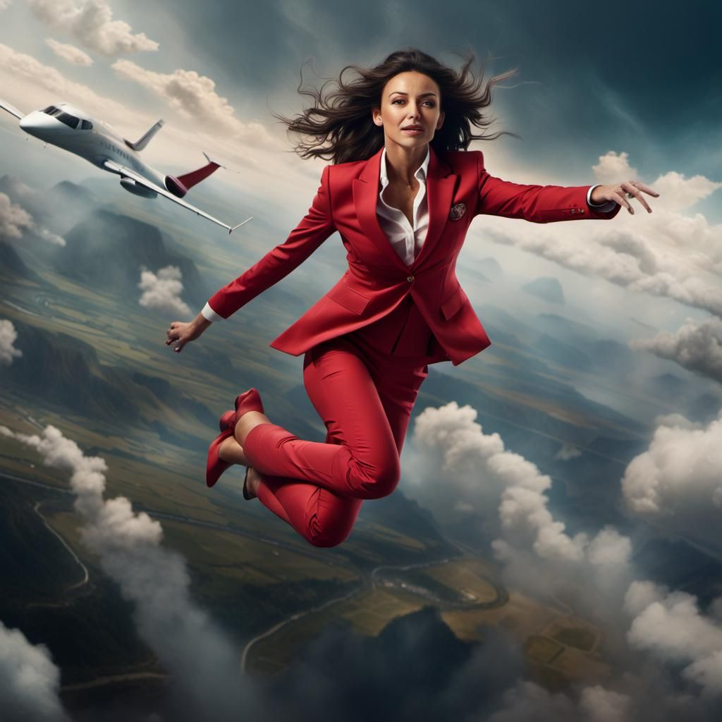 Michelle Keegan Soaring in Red Suit: Digital Matte Painting