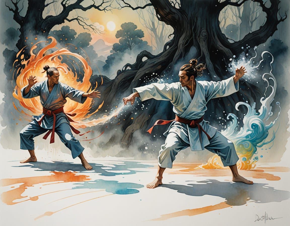 Fire and Water Martial Artists Clash in Dreamlike Dojo