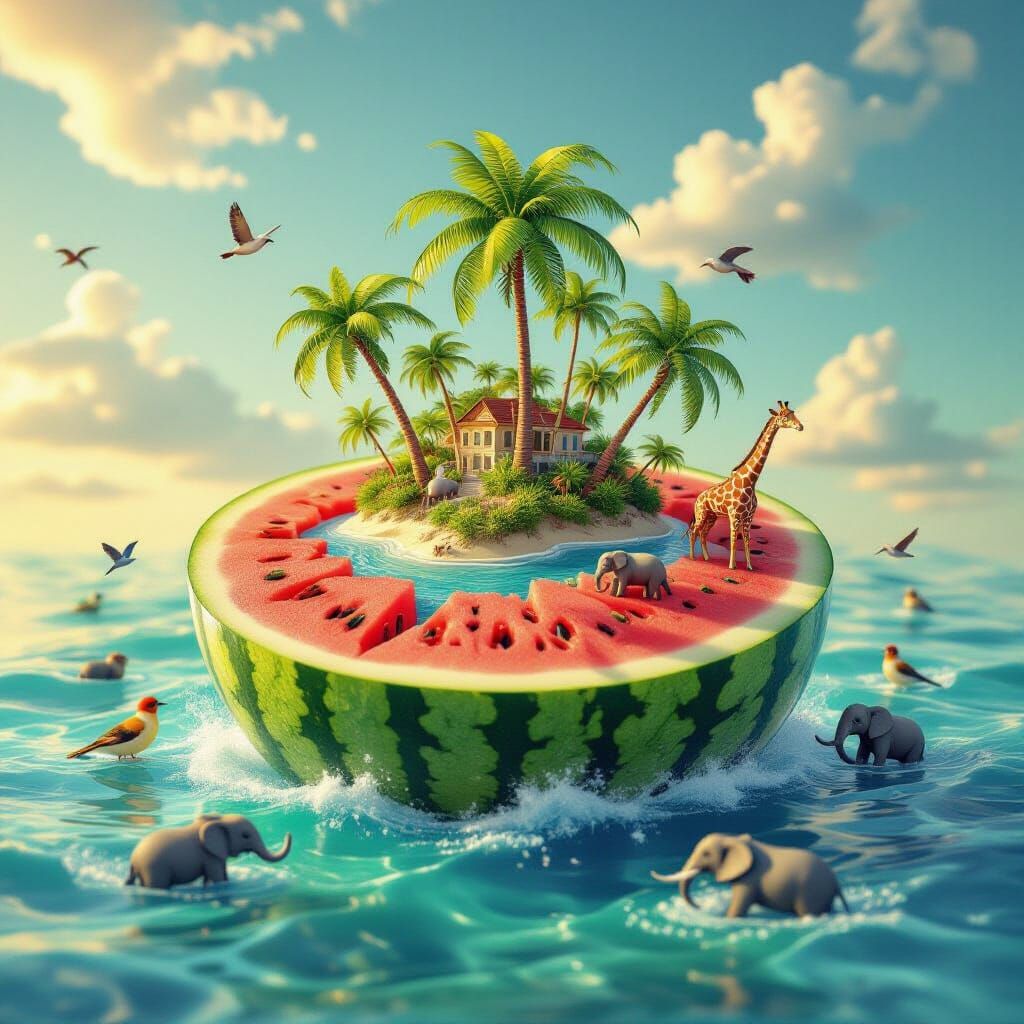 Surreal Tropical Island Emerging from Watermelon