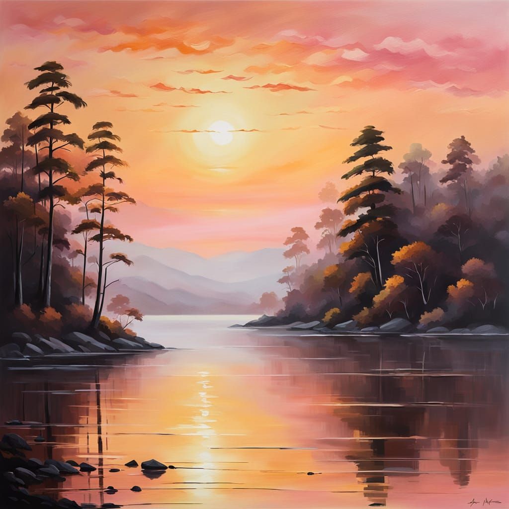 Sunset Mist on Bay: Impressionist Landscape Painting