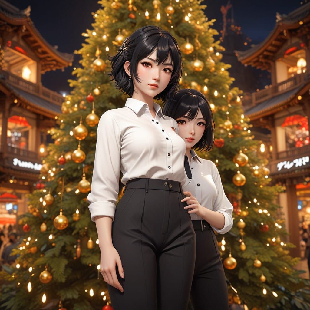 Elegant Women Admire Majestic Christmas Tree in Vibrant Mall