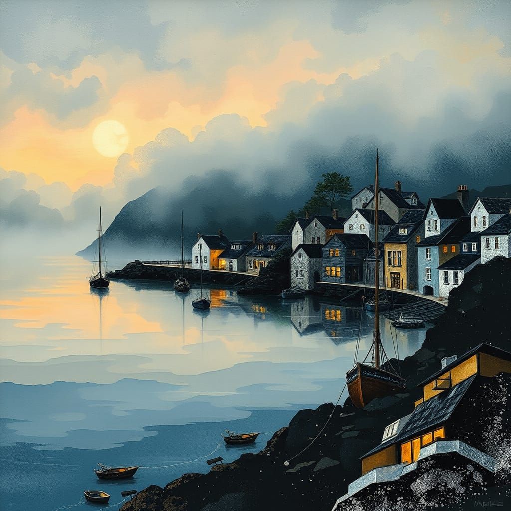 Foggy Evening Fishing Village in Art Nouveau Style
