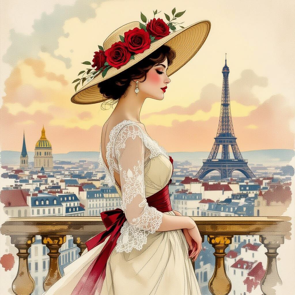 Art Nouveau Woman with Roses in Paris