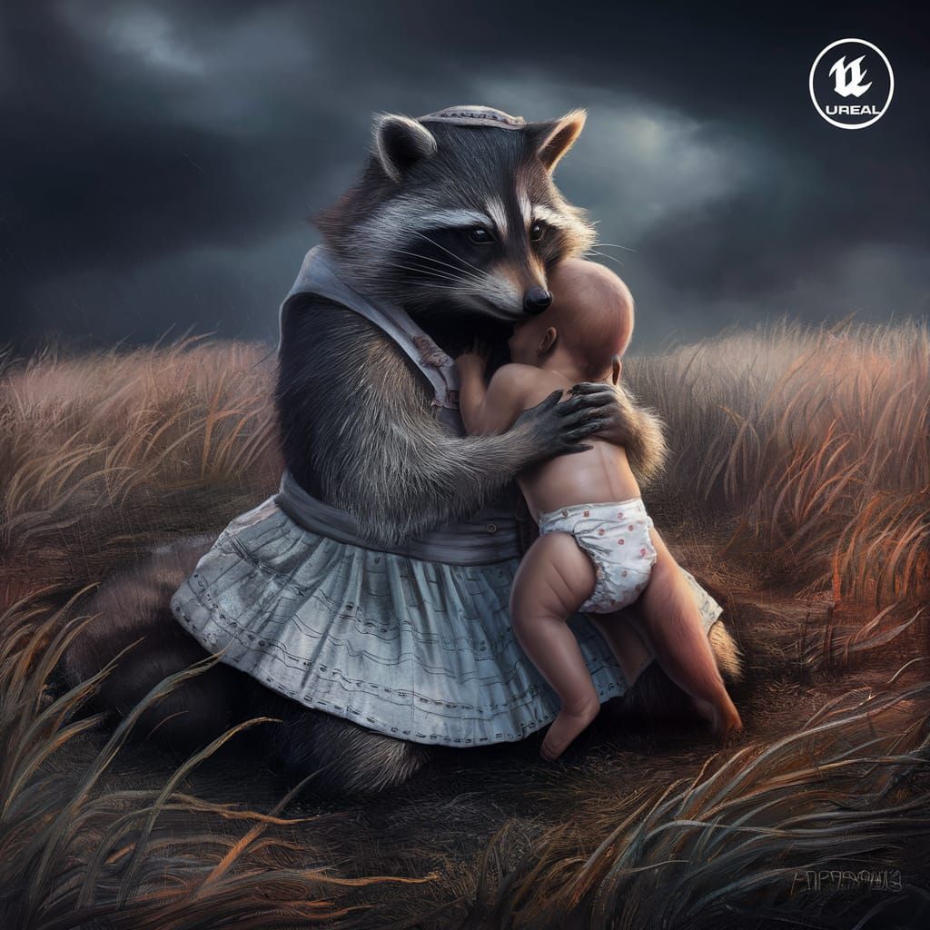 Raccoon Housewife Hugs Baby in Stormy Field