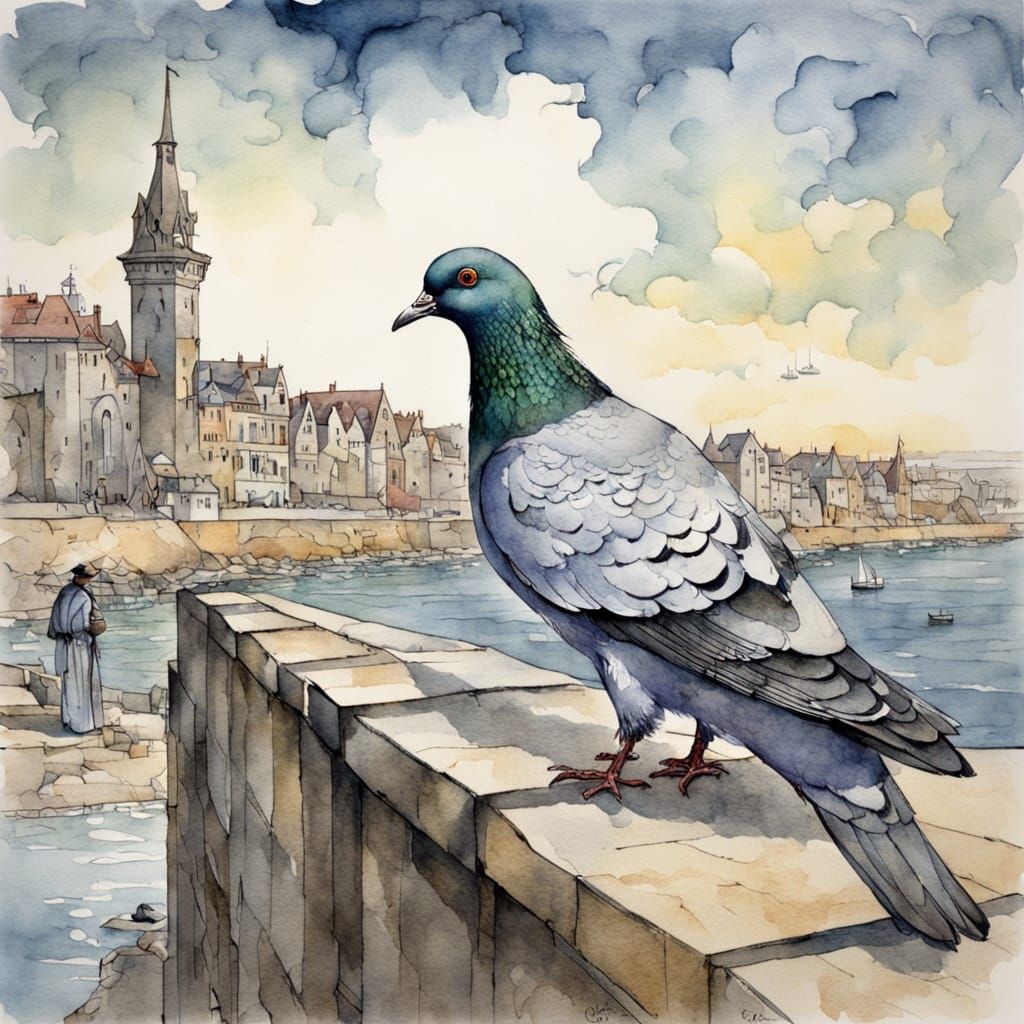 Pigeon in Coastal City Watercolour