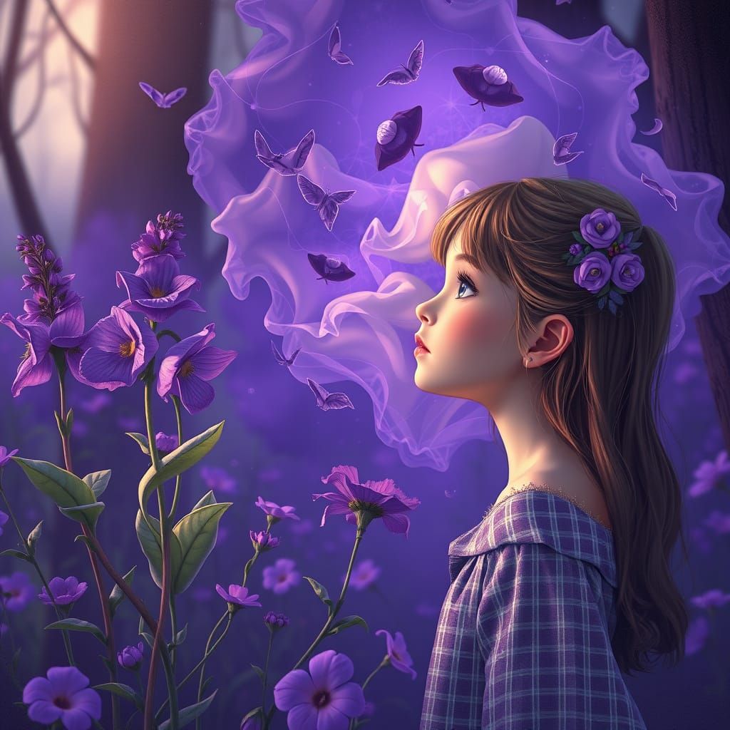 Ethereal Girl in a Violet Dreamscape
