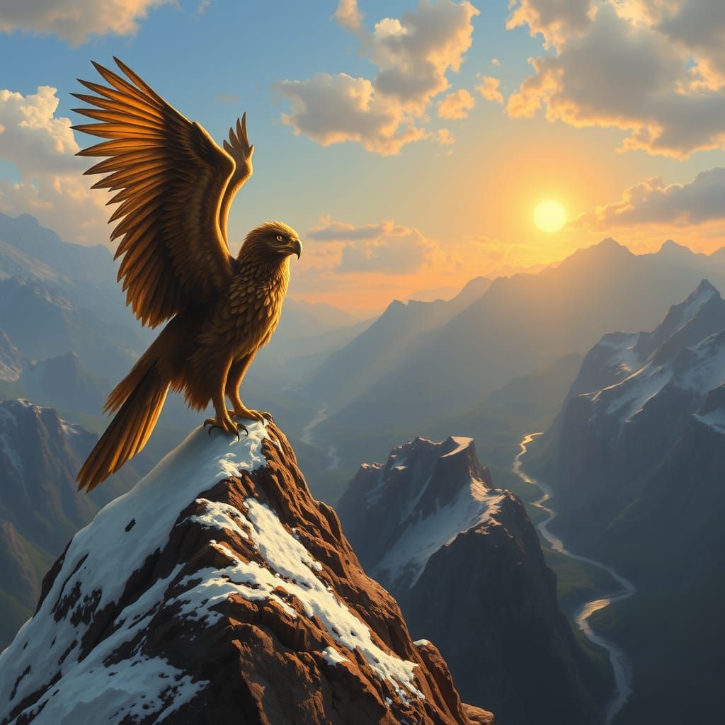 Griffin Perched Atop Mountain in Oil Painting Style