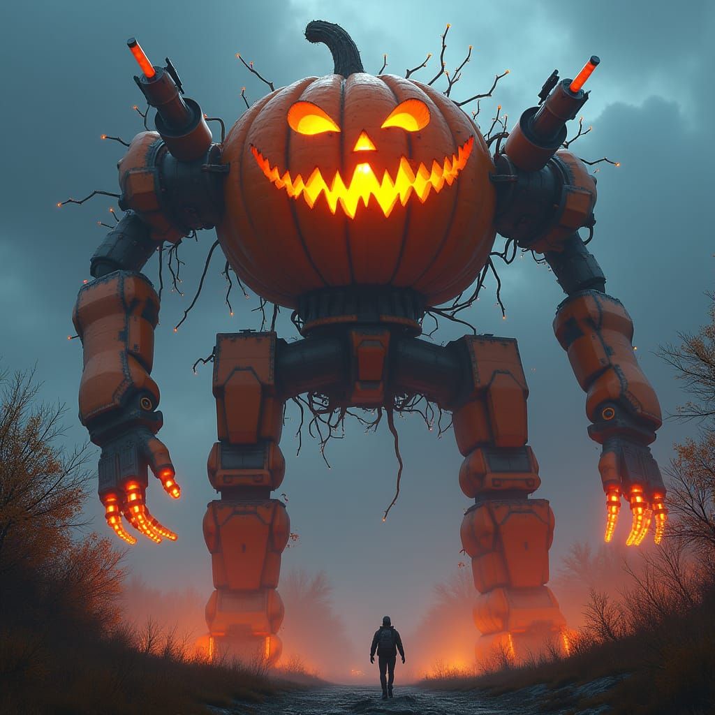 Weaponized Halloween Pumpkin Mech in Dreamlike Style