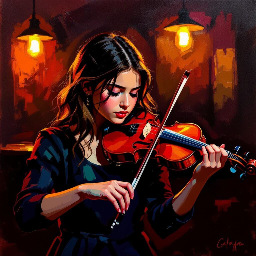Girl Plays Violin in Moody Bar Oil Painting
