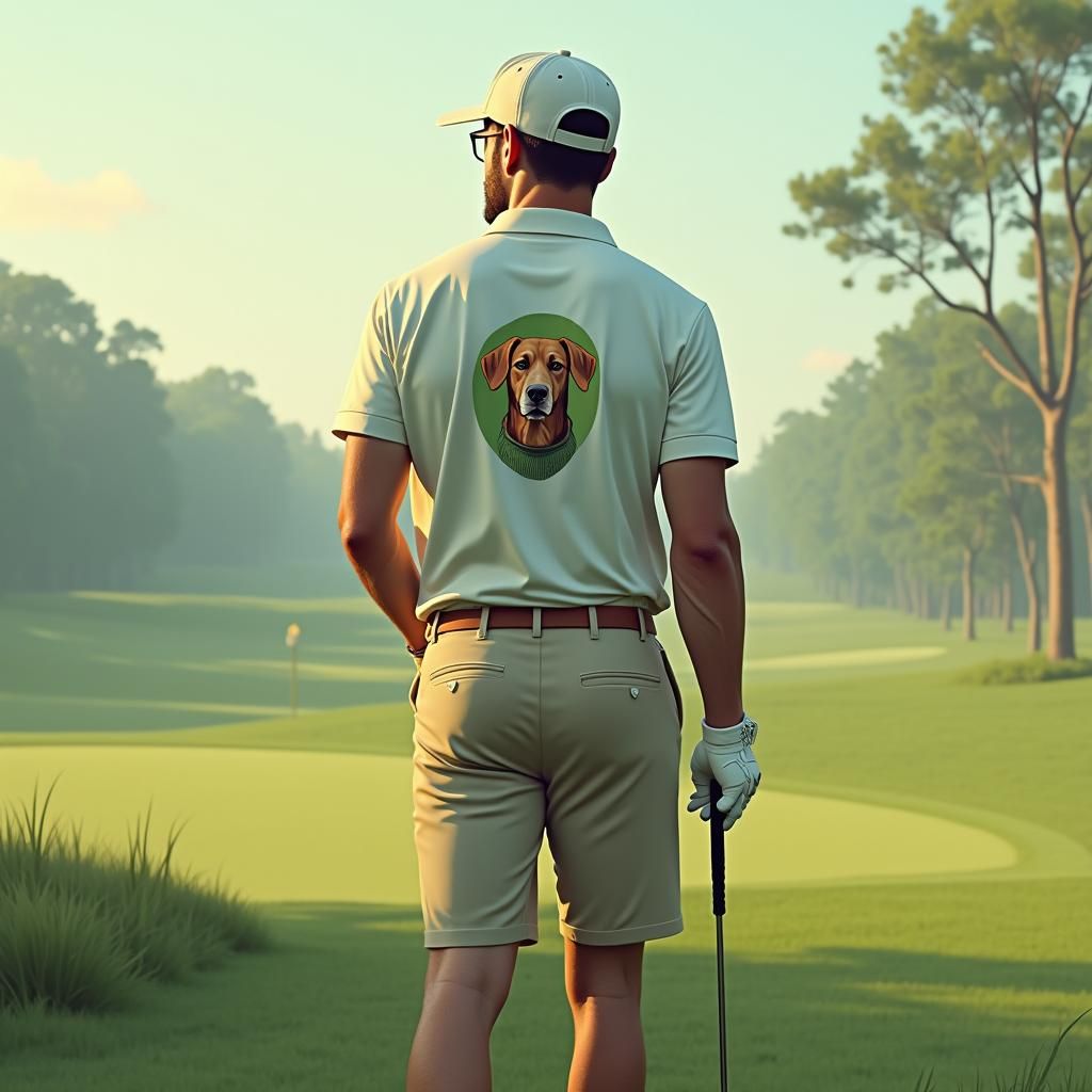 Golf Polo Shirt with Dog Illustration in Matte Painting Styl...