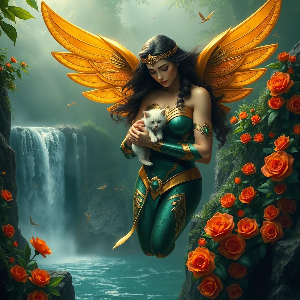 Wonder Woman with Kitten in Rainforest, Digital Art