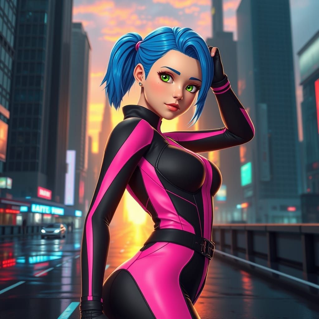 Heroic Futuristic Woman in Neon Pink and Black Anime Style