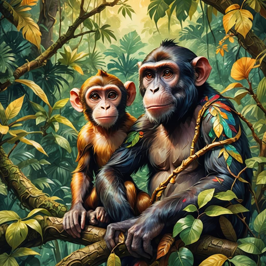 Lush Jungle Portrait of Person and Monkey