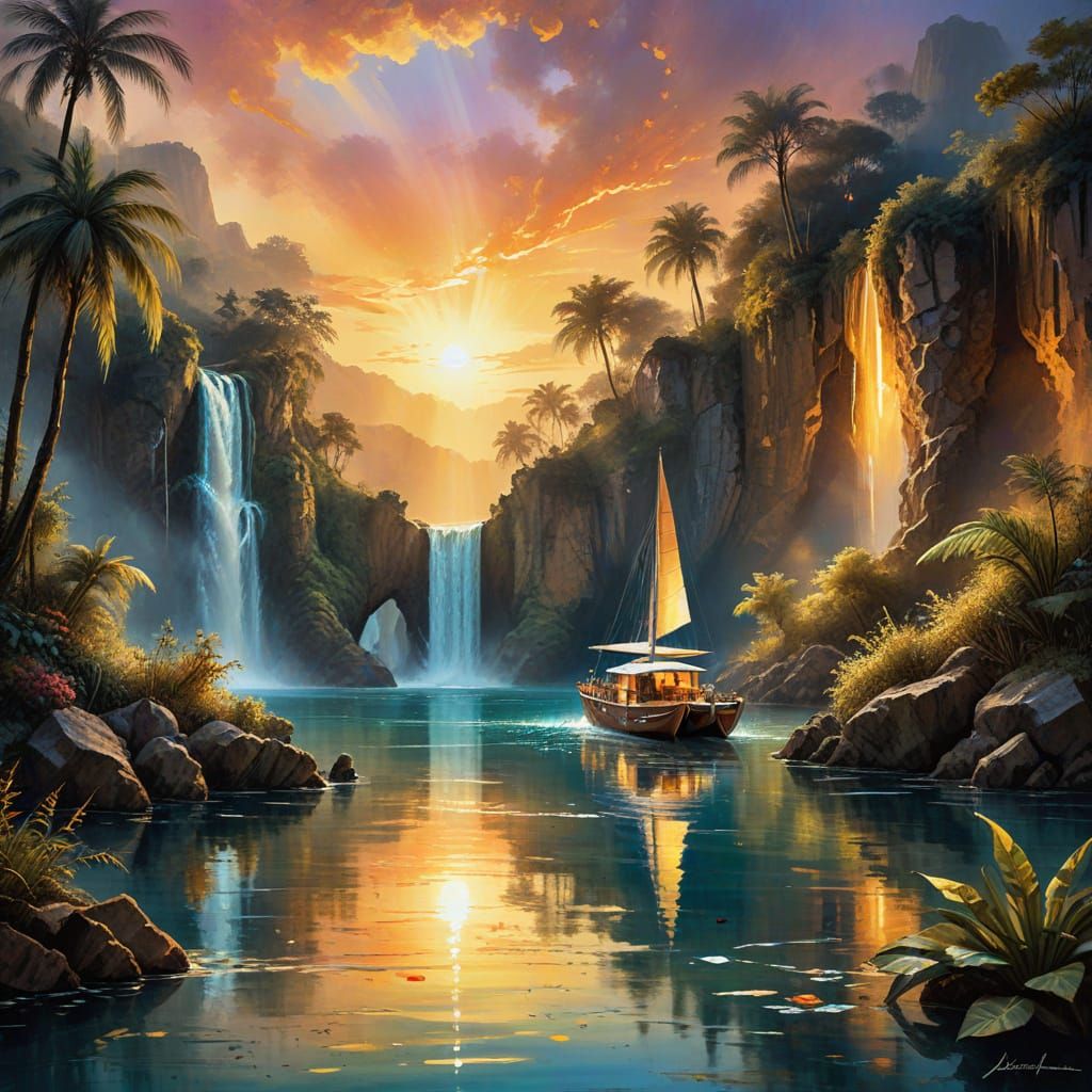 Catamaran in Lagoon: Fantasy Oil Painting