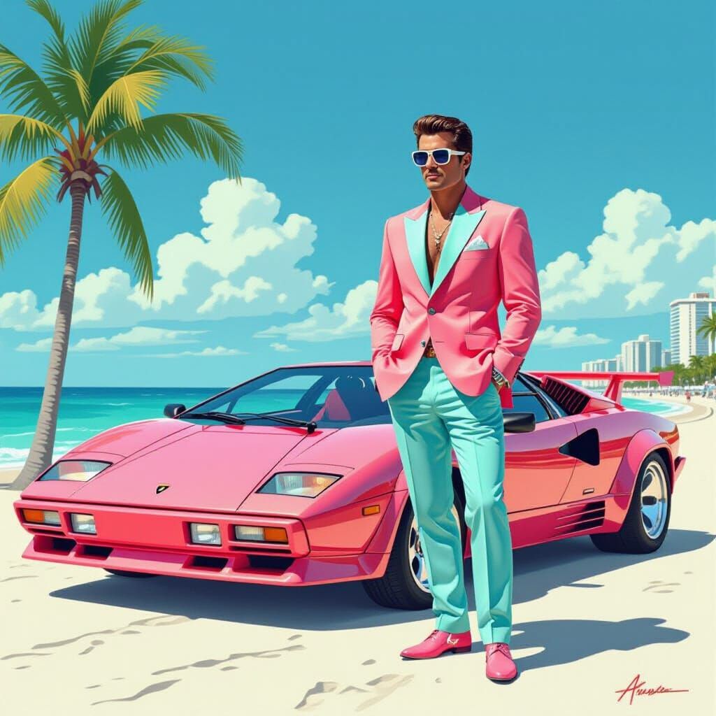 Man in 80s Suit with Lamborghini, in Synthwave Style