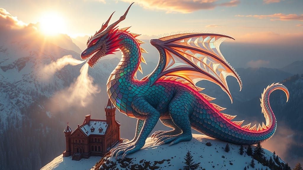 Ethereal Crystal Dragon Overlooks Medieval Castle at Dusk