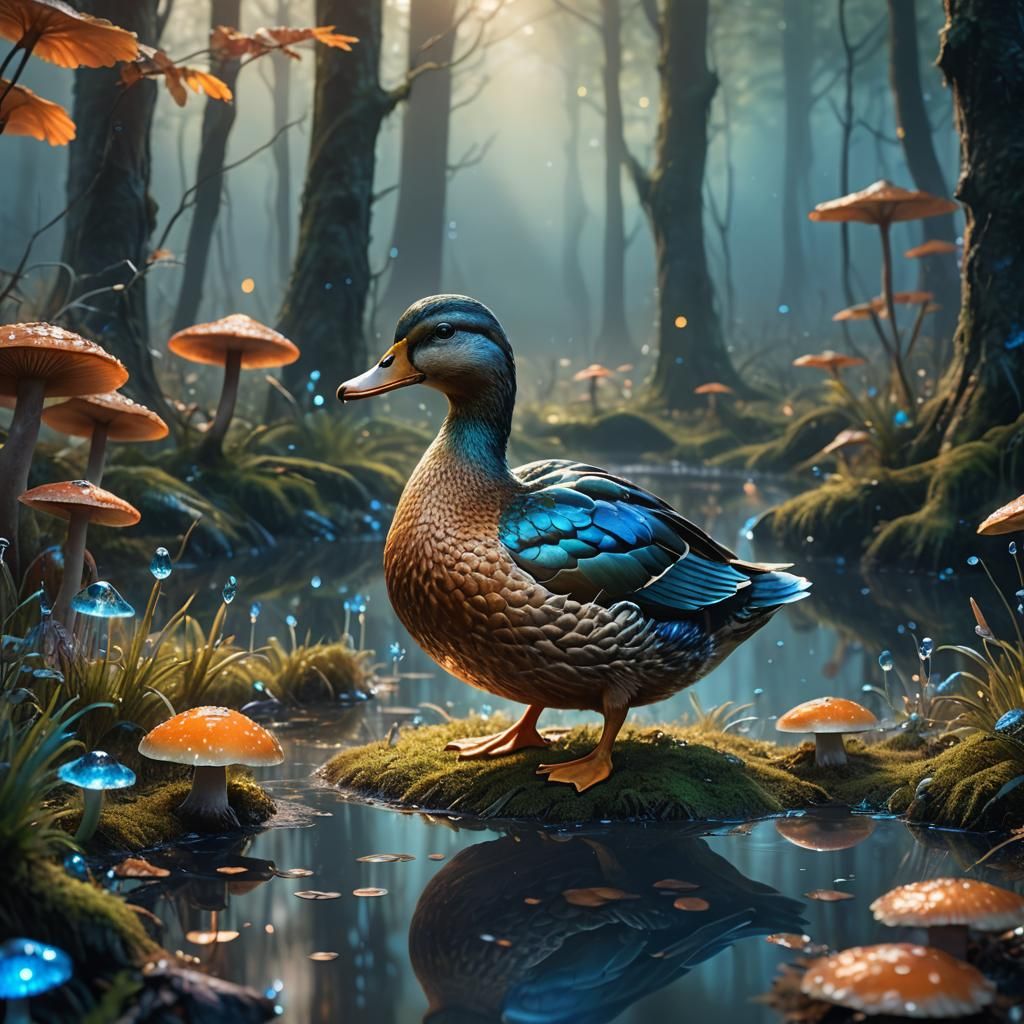 Shiny Duck in Enchanted Forest: Digital Fantasy Art