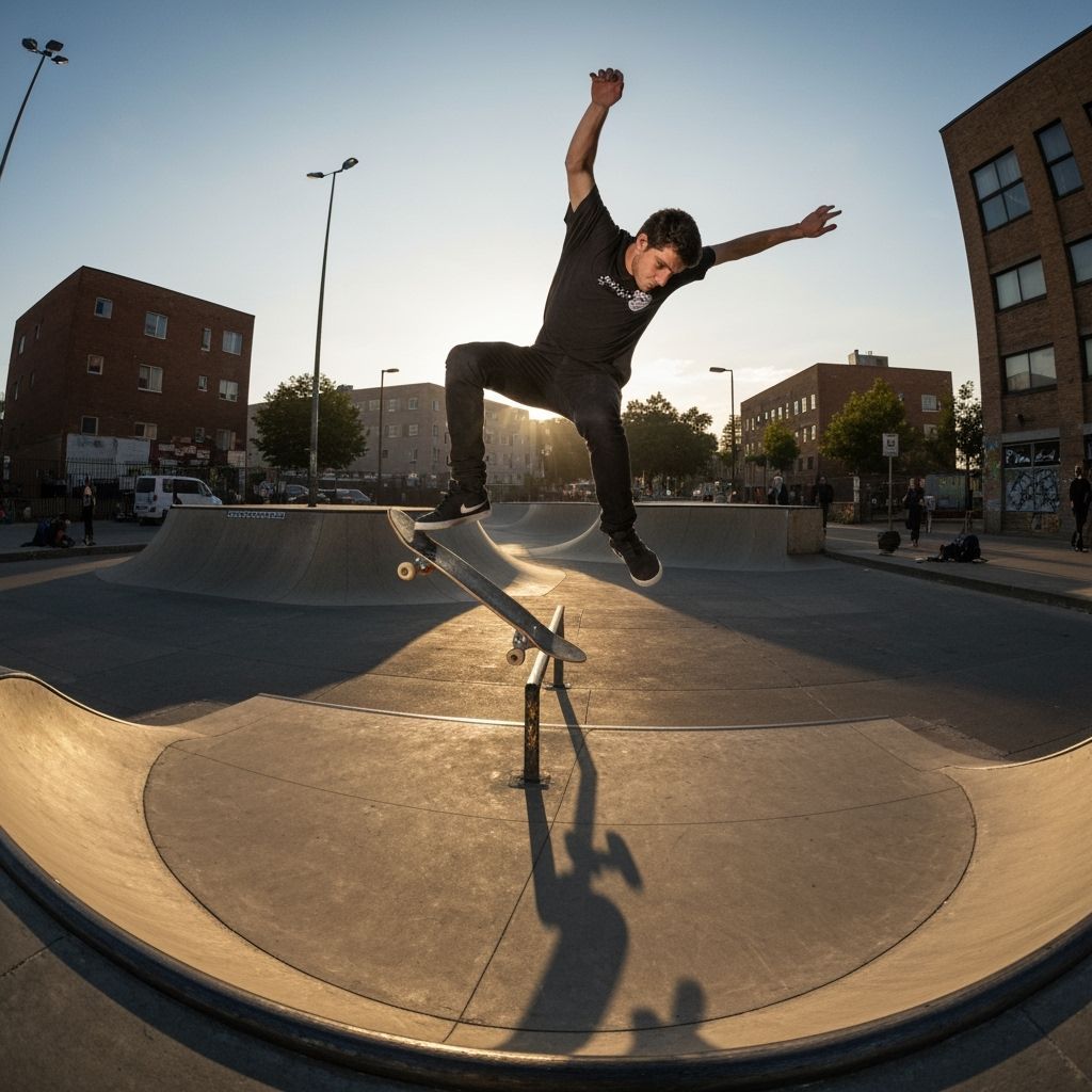 Skateboarder Mid-Air Action Shot in Golden Hour Light