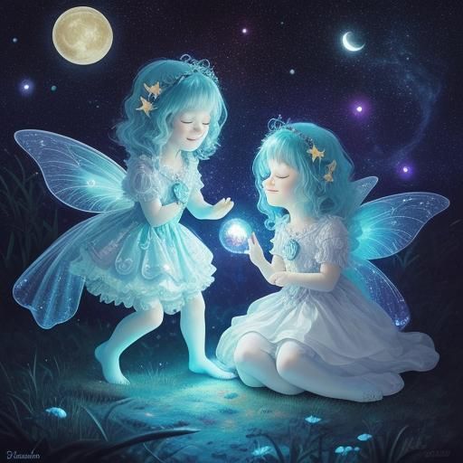 Fairies Sleeping on Bioluminescent Moon in Galaxy