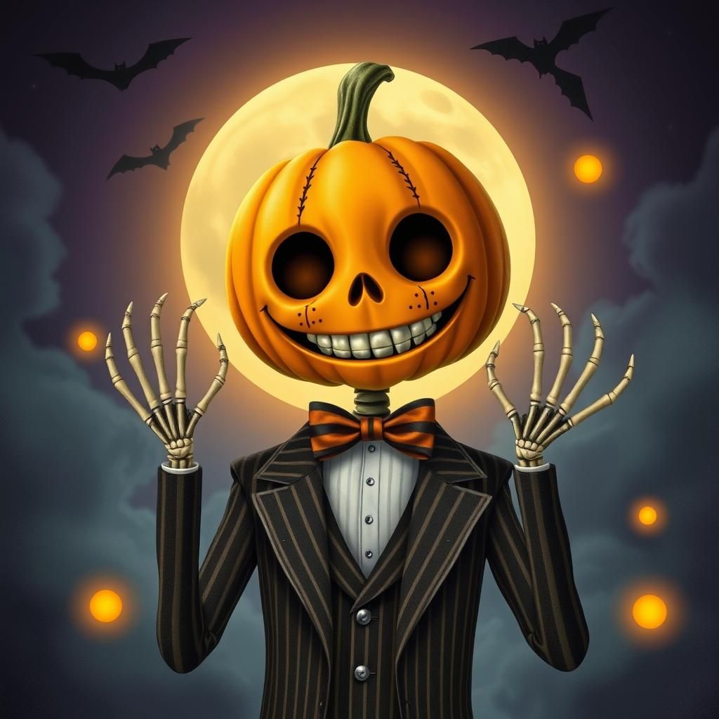 Pumpkin-Headed Character in Eerie Elegant Style