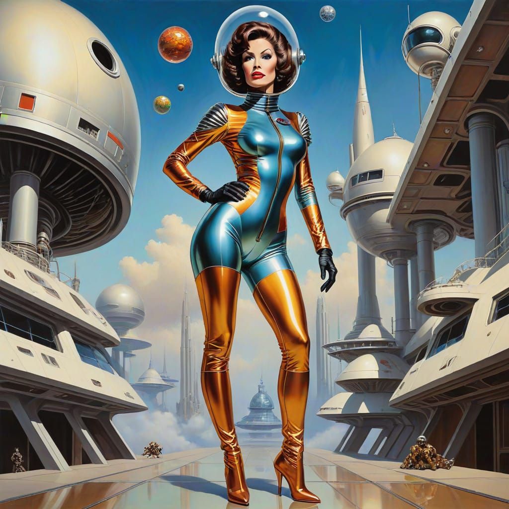 Retro Futuristic Pinup Girl in Liquid Metal Spacesuit