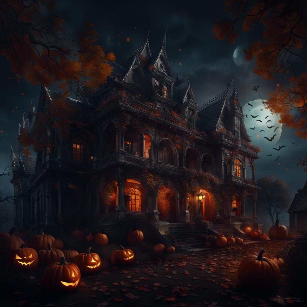 Halloween Mansion with Witches in Fantasy Art Style