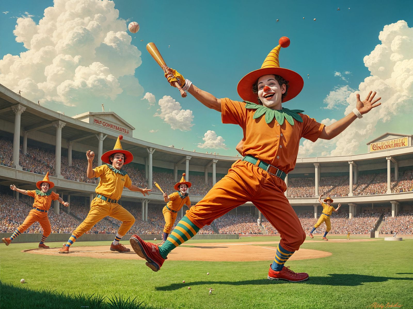 Clowns Playing Baseball in Golden Age Style